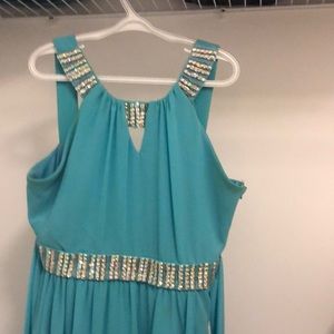 Long formal dress with back ties and gems